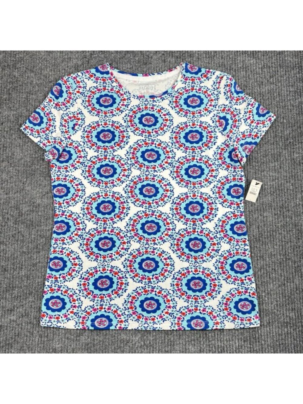 Talbots ‘The Talbots Tee’ Shirt Womens Large Blue Medallion Floral Short Sleeve